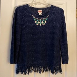 Navy blue sweater from Ruby Rd. With beaded neckline and fringed bottom